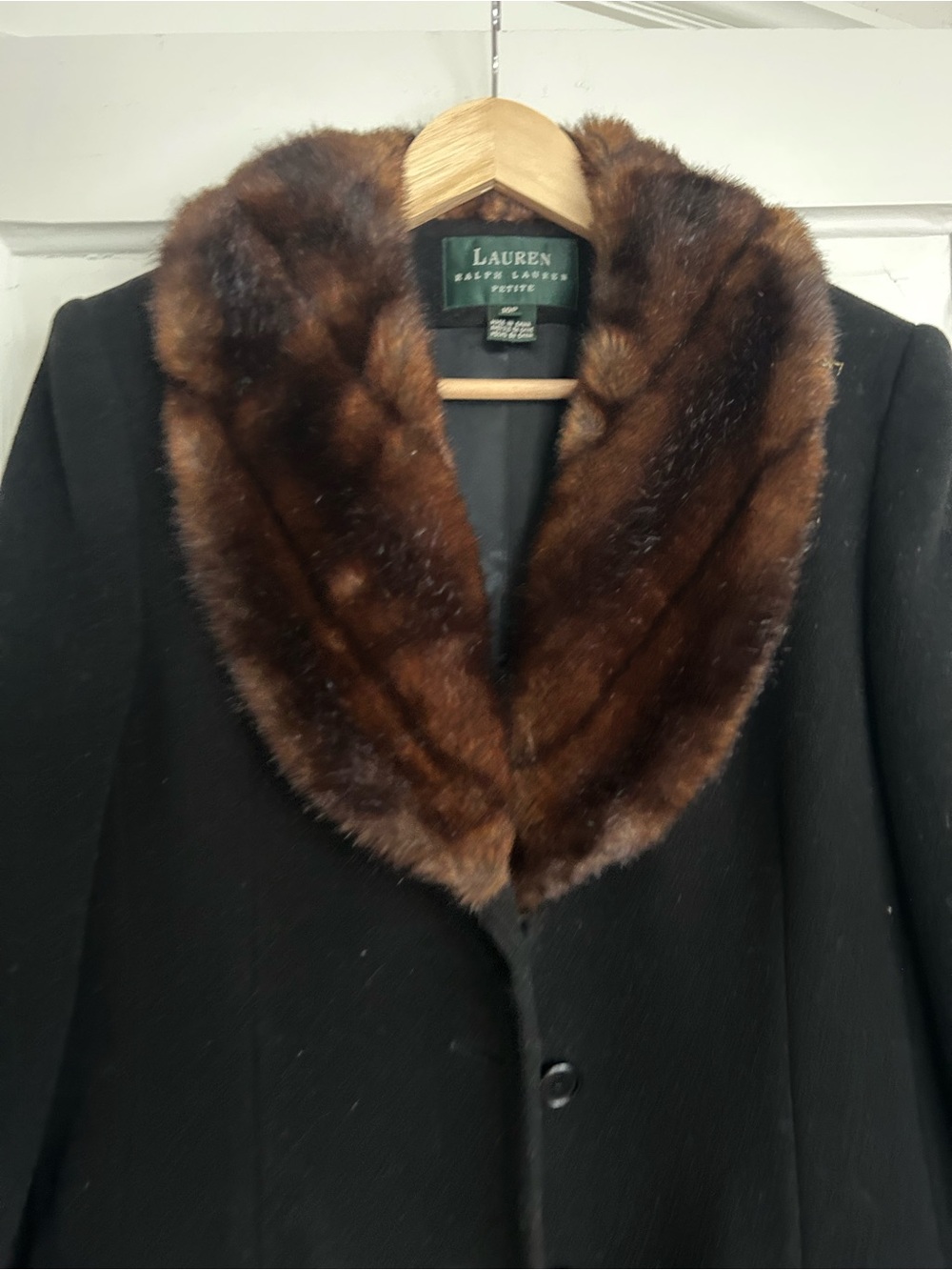 RALPH LAUREN Black Long Coat with Brown Fur Collar - Picture 1 of 7